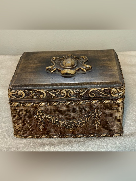 Other - Vintage Ornate Jewelry Trinket Box Brown Gold Floral Syroco Style 6”